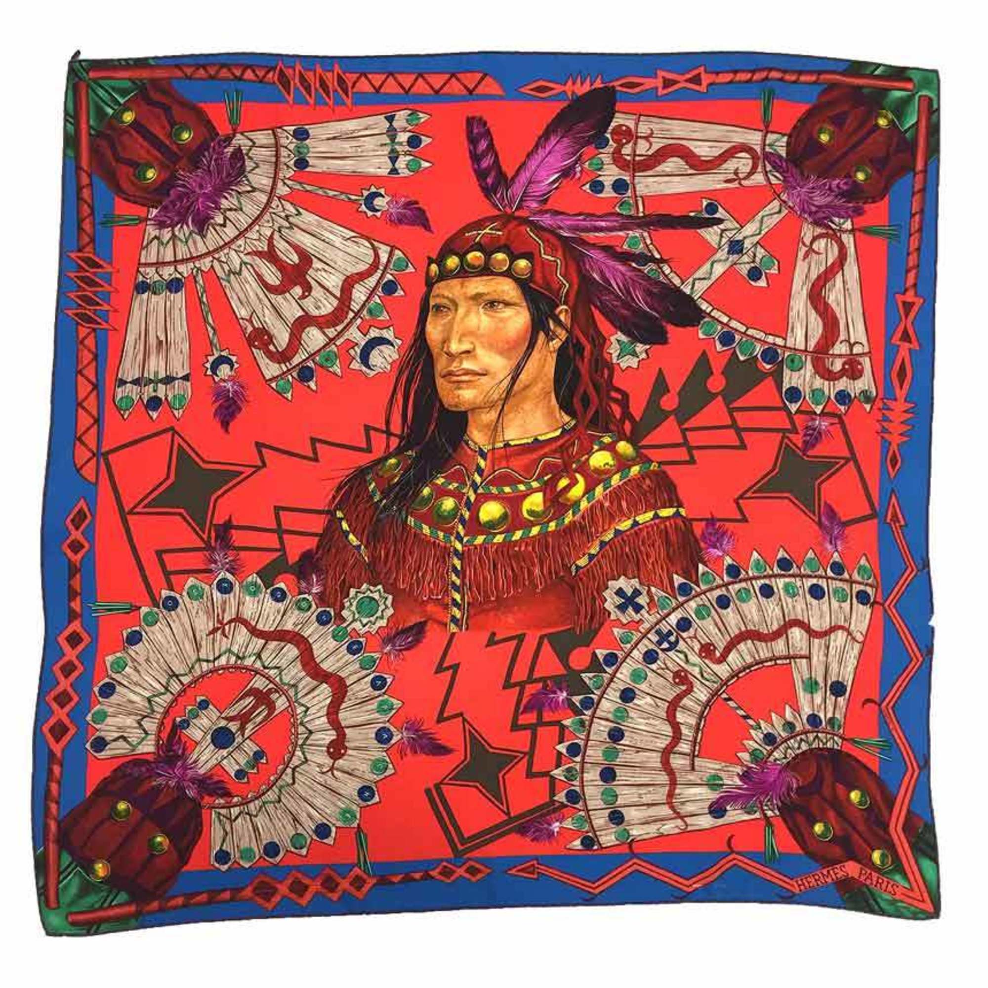 Hermes Carre 90 Muffler Scarf Cosmogonie Apache Red X Blue Silk 100%